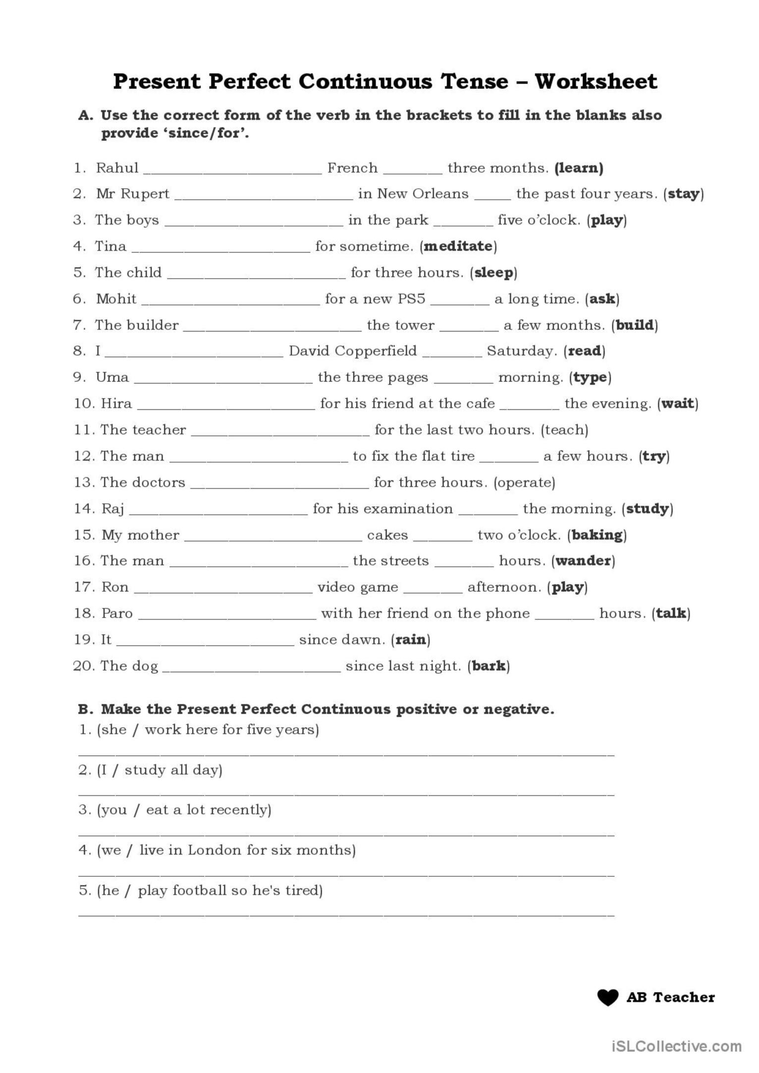 Present Perfect Continuous Tense W Espa ol ELE Hojas De Trabajo Pdf 
