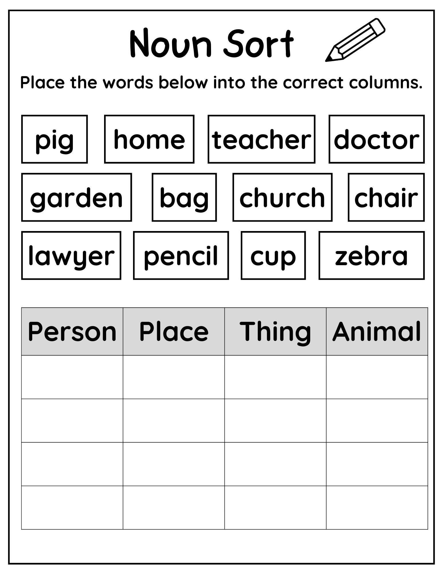 10 Printable Noun Sorting Worksheets Nouns Practice Worksheets Matching 