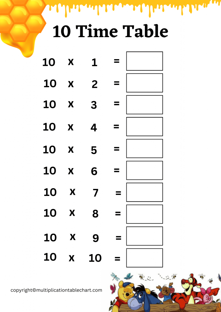 10 Times Table Worksheet 10 Multiplication Table Free PDF