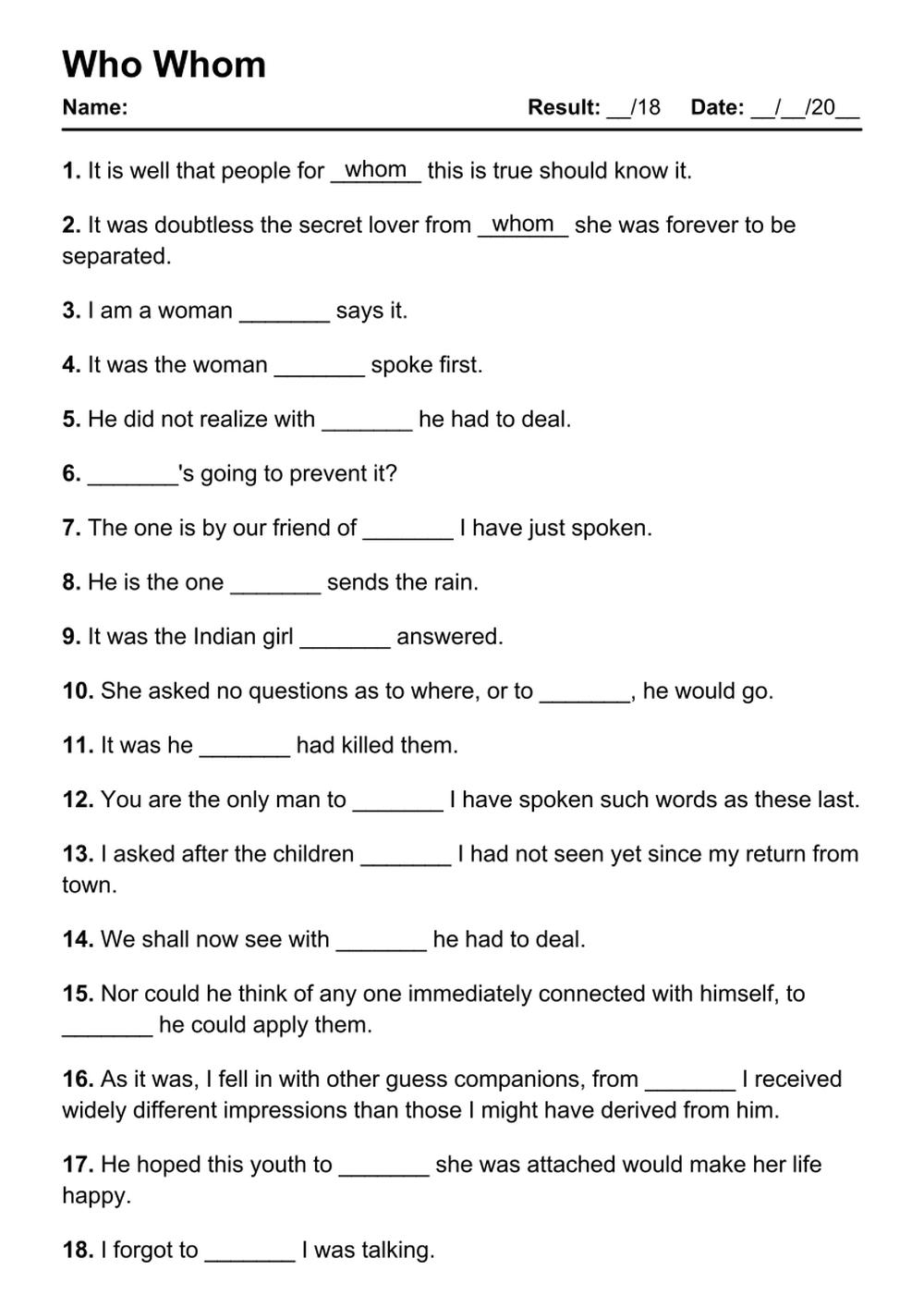 101 Who Whom PDF Worksheets With Answers 2075 Exercises Grammarism