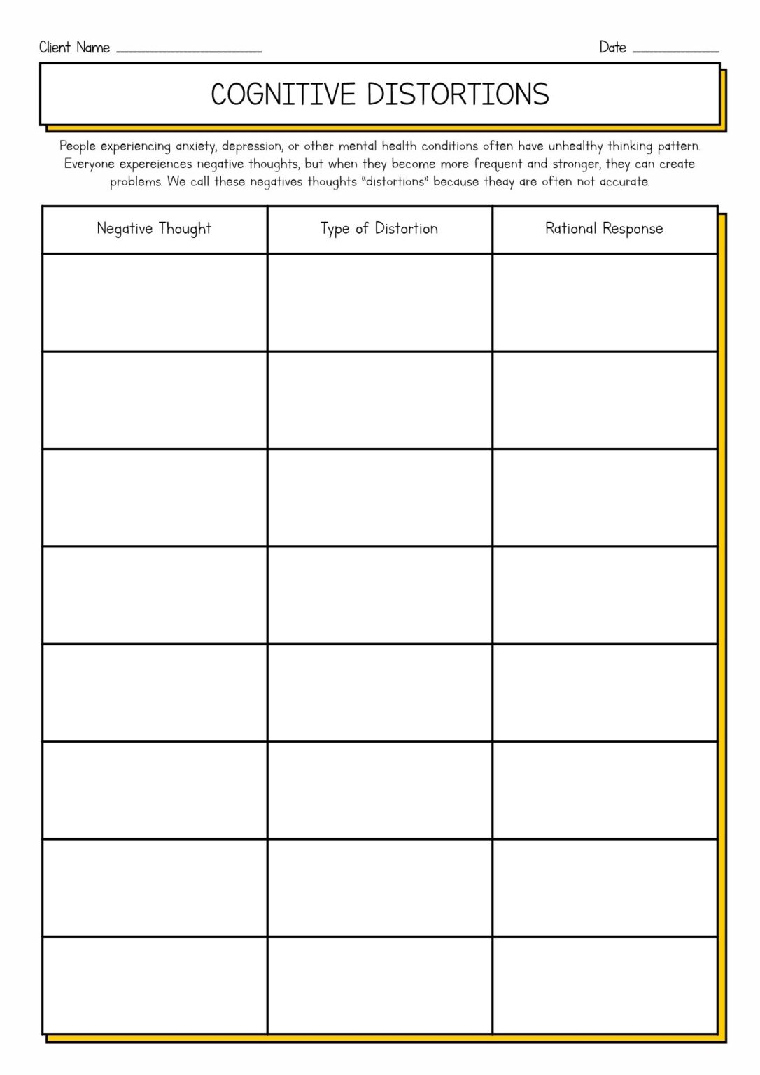 Cognitive Distortions Worksheet - Download Free Printable Templates