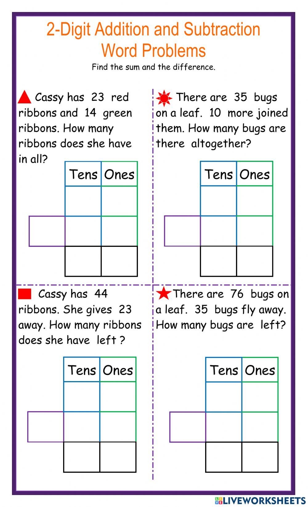 2 Digit Addition And Subtraction Word Problems Worksheet