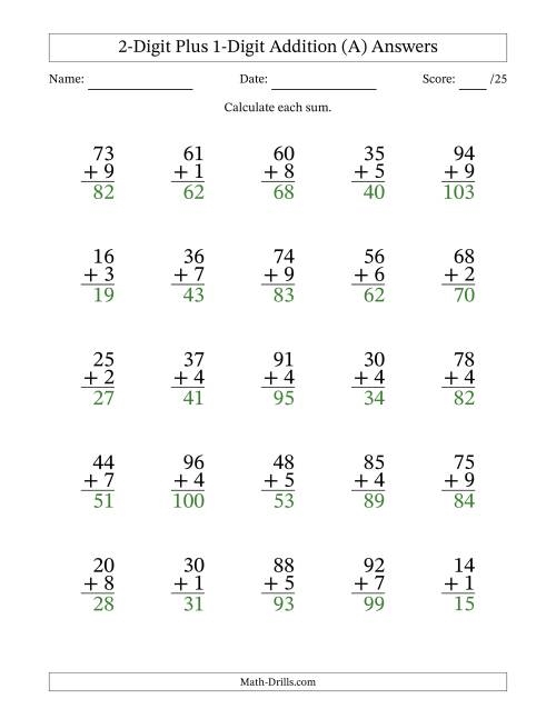 2 Digit Plus 1 Digit Addition With Some Regrouping 25 Questions A 