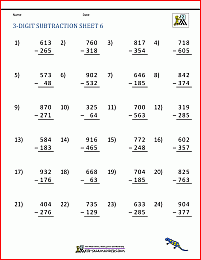 3 Digit Subtraction Worksheets