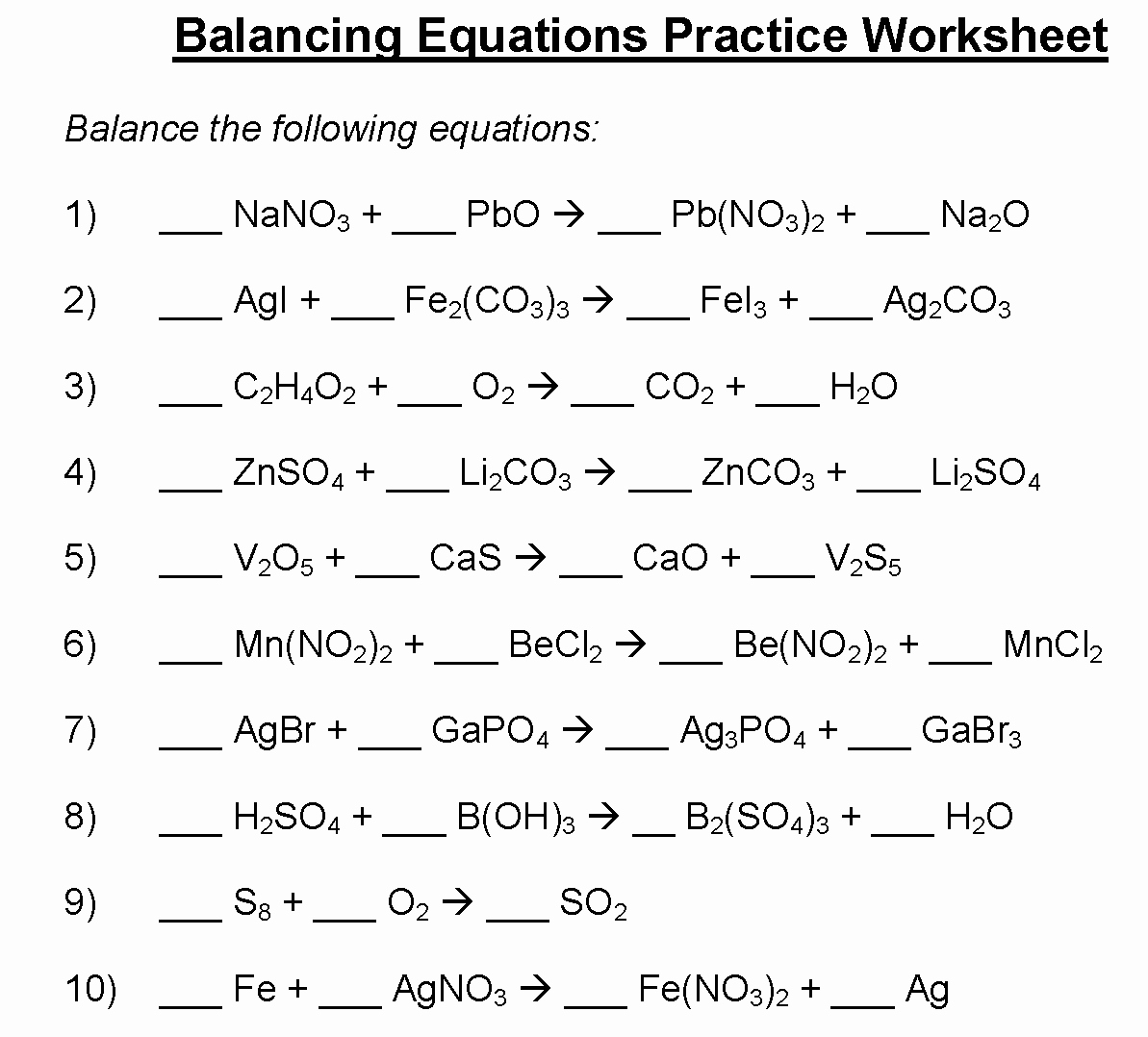 49 Balancing Equations Practice Worksheet Answers