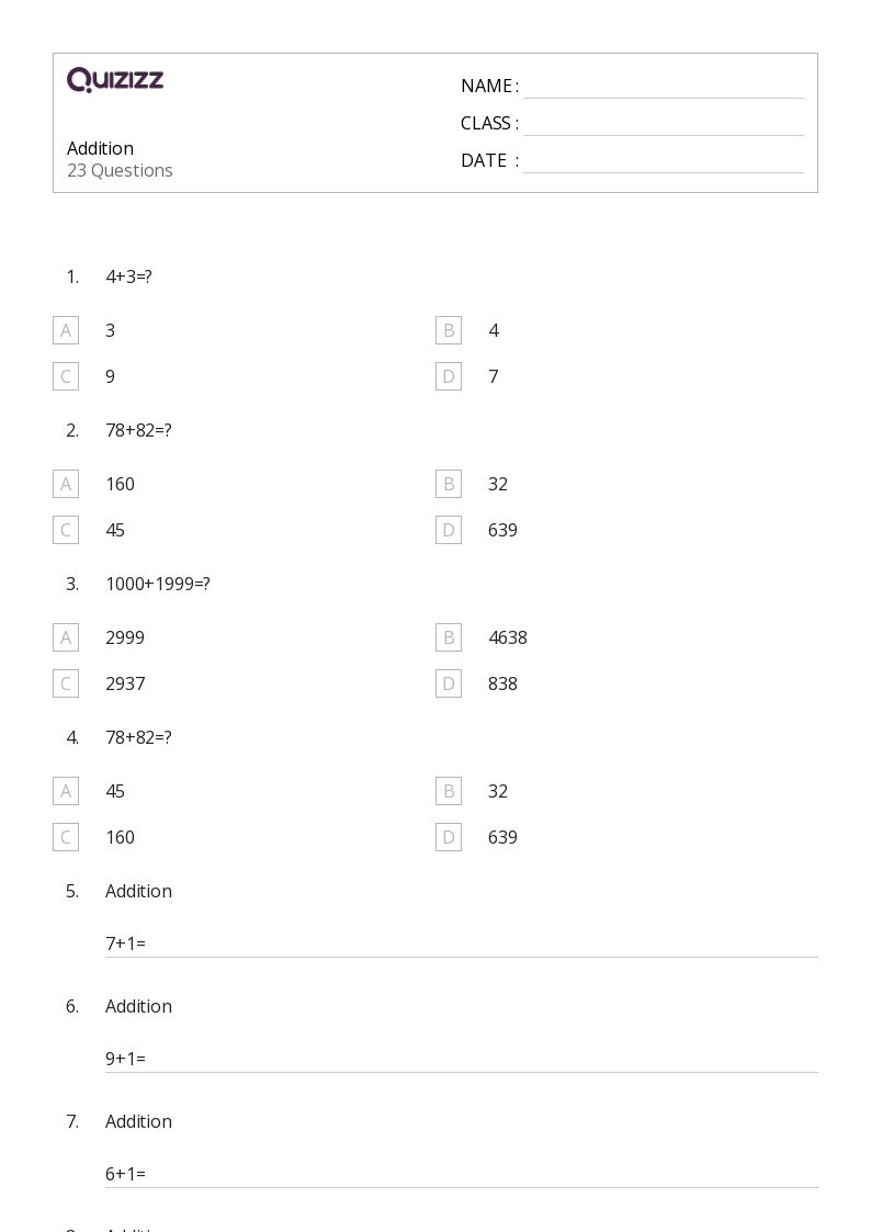 50 Addition Worksheets For 3rd Class On Quizizz Free Printable 