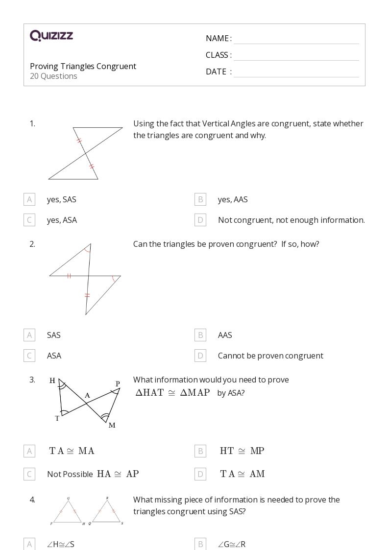 50 Congruent Triangles Sss Sas And Asa Worksheets For 9th Class 
