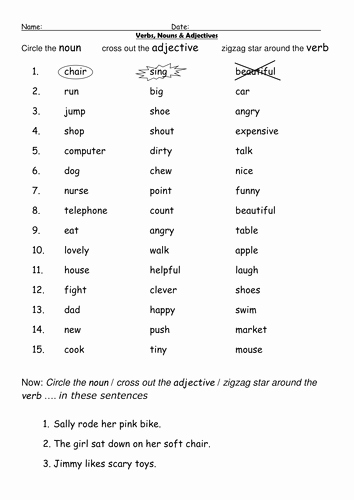 50 Noun Verb Adjective Worksheet