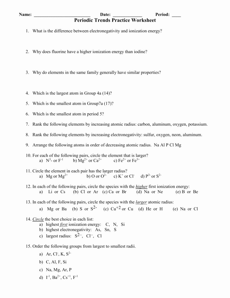 50 Worksheet Periodic Trends Answers