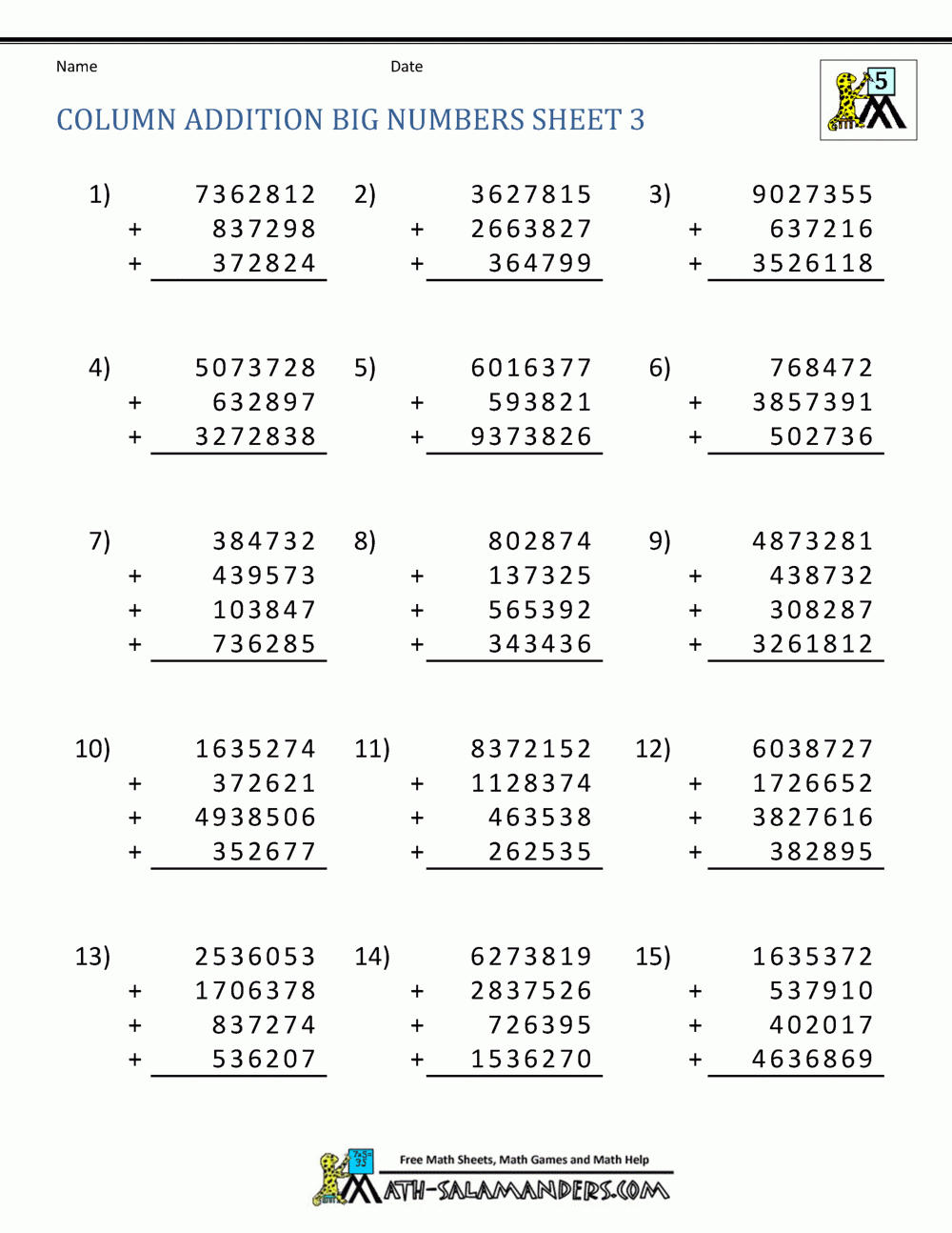 5th Grade Addition Worksheets