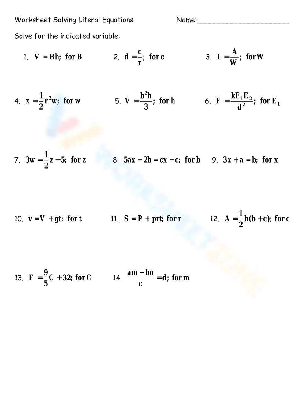 7 Literal Equations Worksheet Answers With Work Literal 