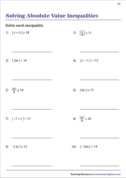 Absolute Value Inequalities Worksheets