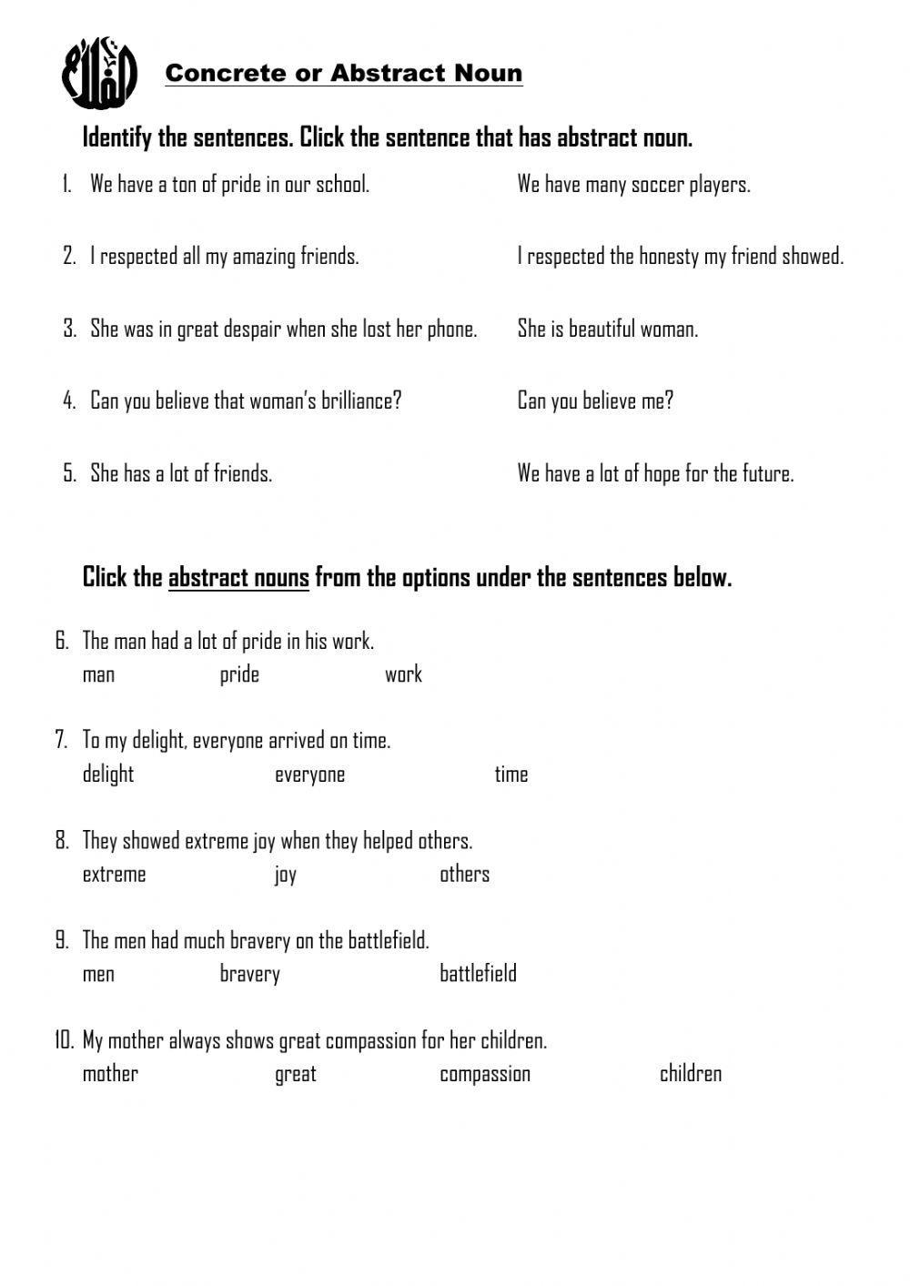 Abstract Noun Worksheet Live Worksheets Worksheets Library