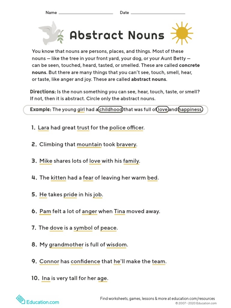 Abstract Nouns Worksheet 2 PDF Worksheets Library