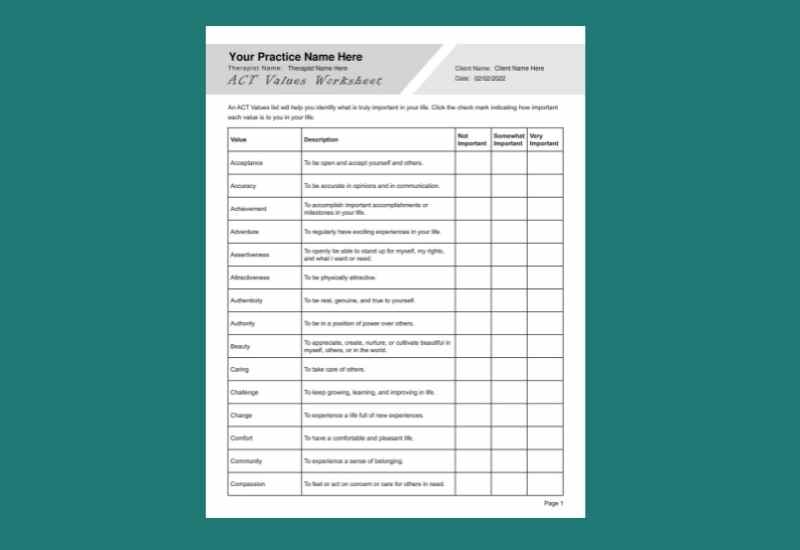 ACT Therapy Worksheet Example Free PDF Download Worksheets Library