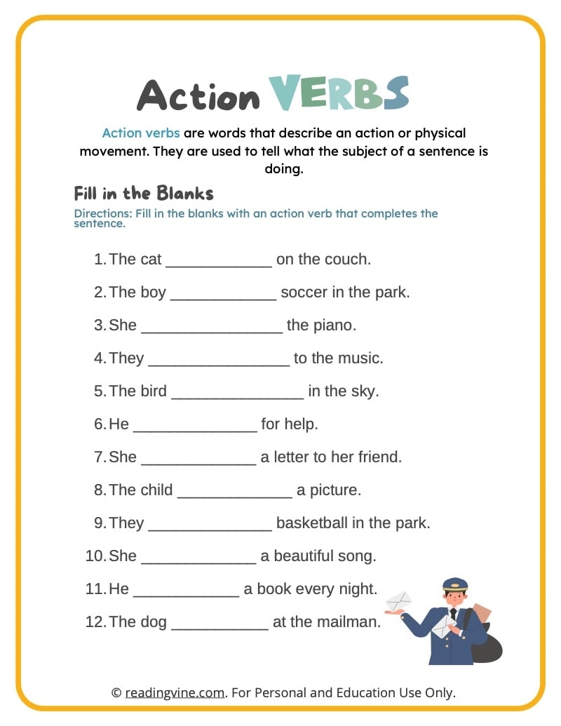 Action Verbs Worksheets Definition Examples ReadingVine 