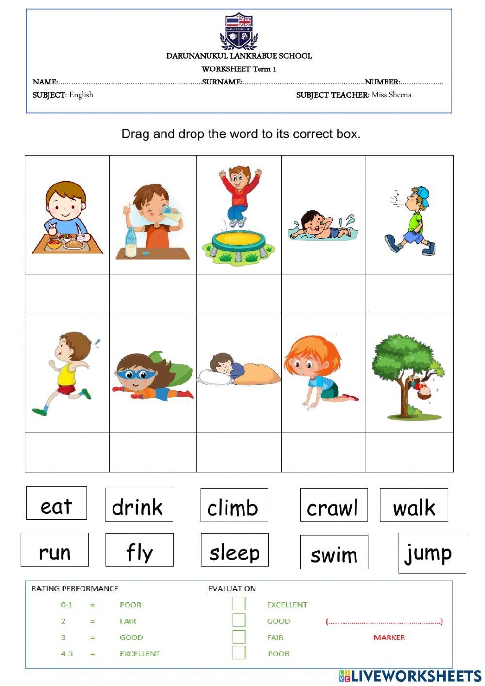 Action Words Interactive Worksheet For Kindergarten Live Worksheets 