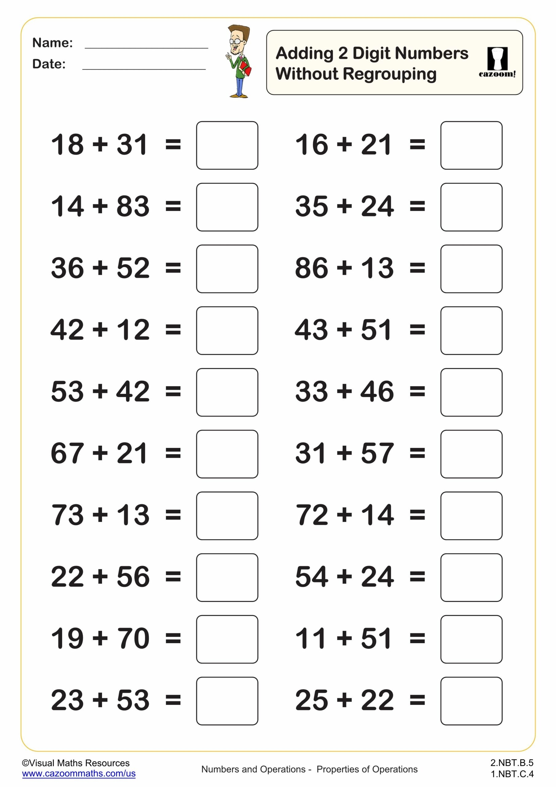Adding 2 Digit Numbers Without Regrouping 20 Questions PDF 