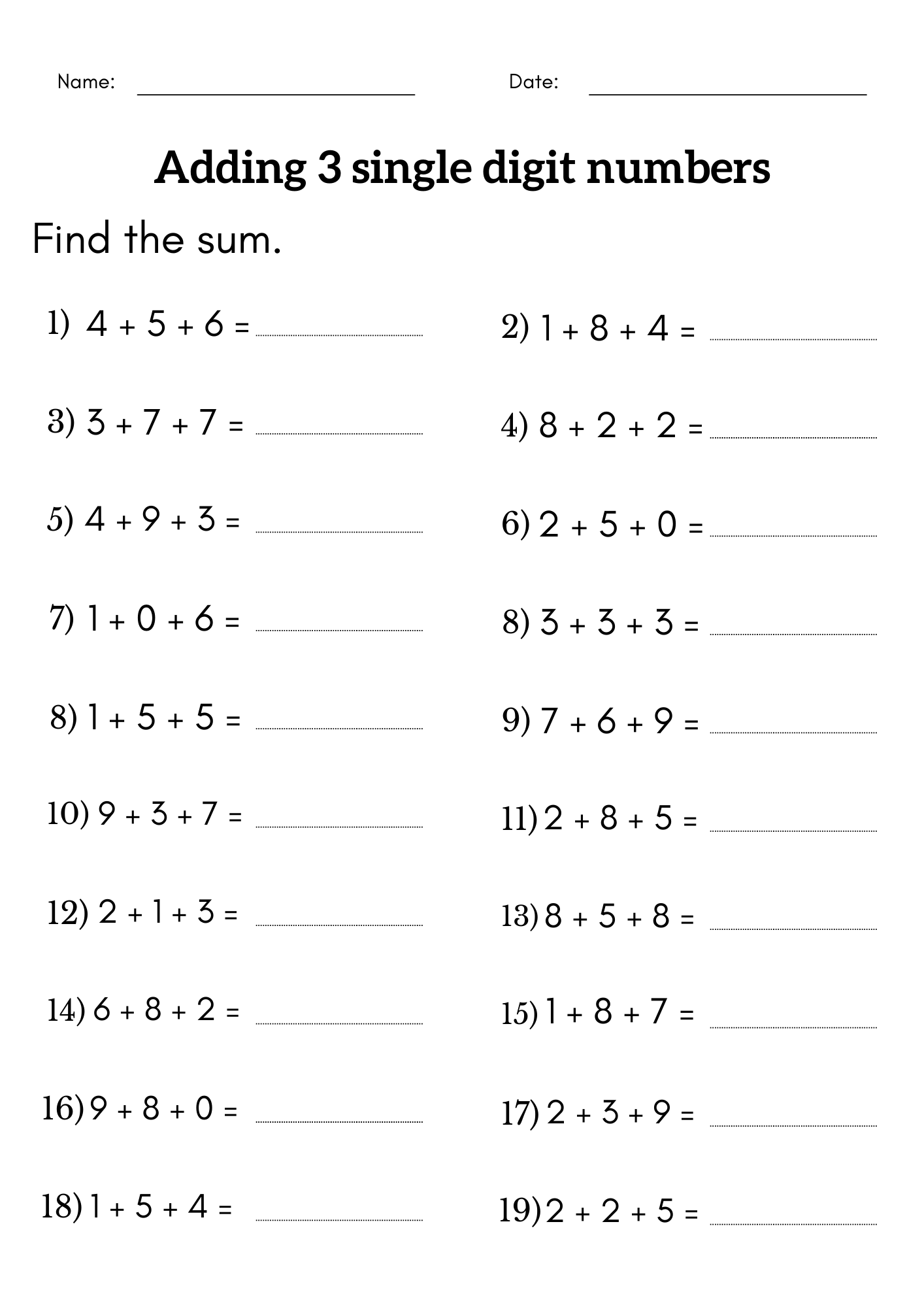 Adding 3 Single Digit Numbers Worksheet 3rd Grade 3 Digit Addition 