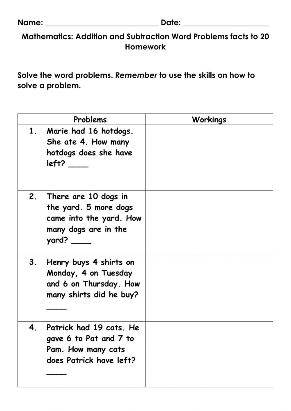 Addition And Subtraction Word Problem Facts To 20 Worksheet