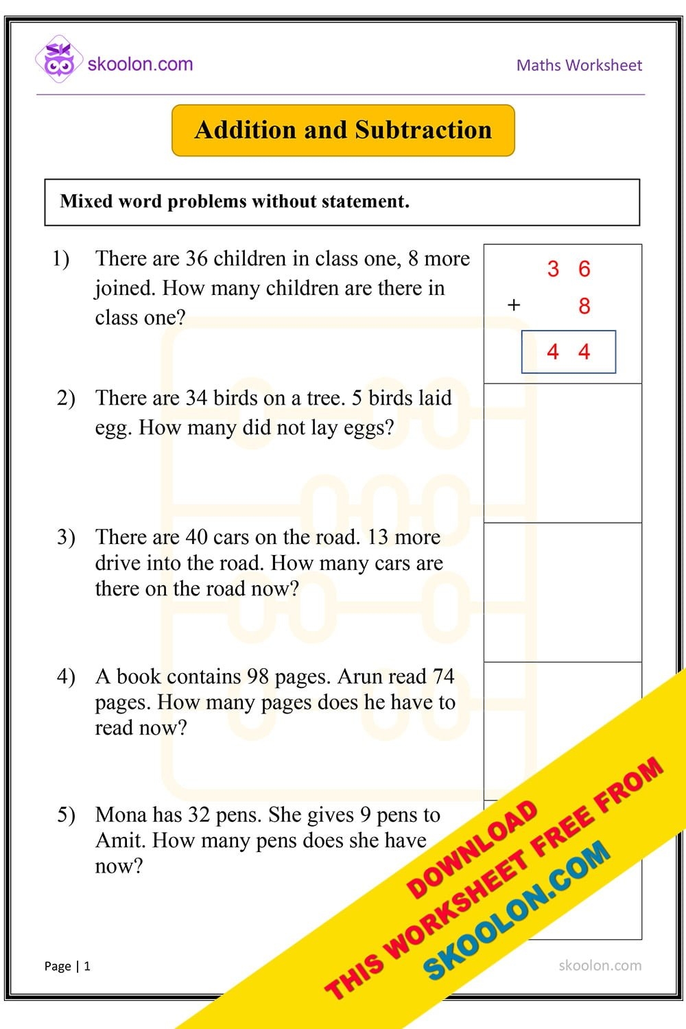 Addition And Subtraction Word Problems Skoolon Worksheets Library