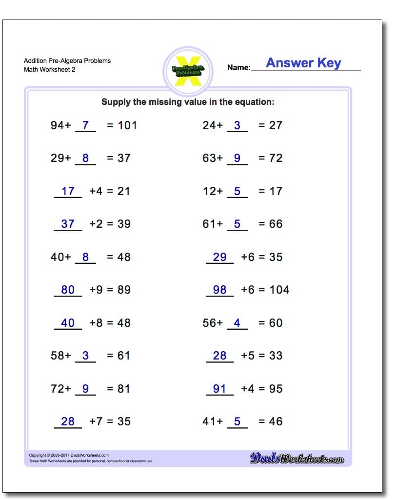 Addition Pre Algebra Worksheets