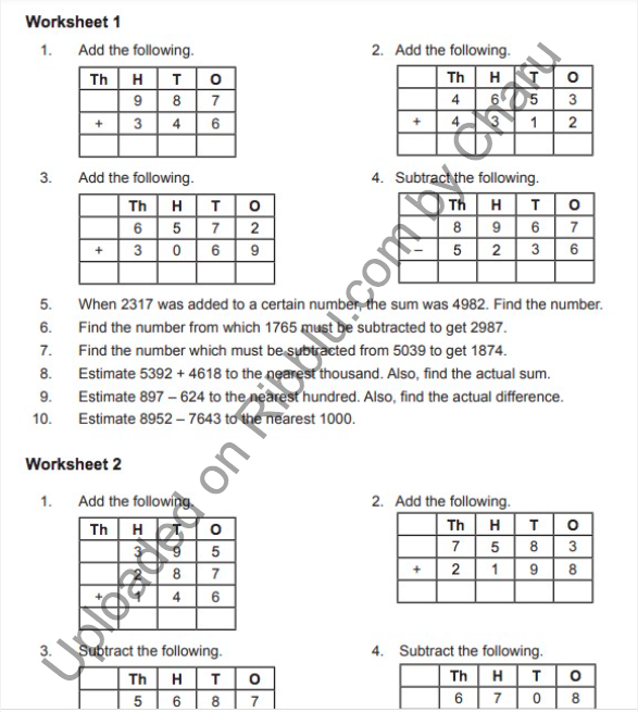 Addition Worksheets For CBSE Class 4