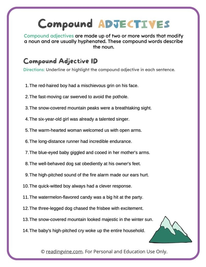 Adjective Worksheets ReadingVine