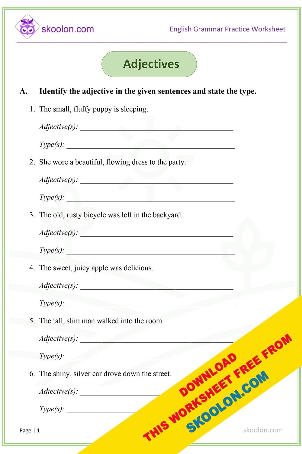 Adjectives With Answers 5 Skoolon Worksheets Library