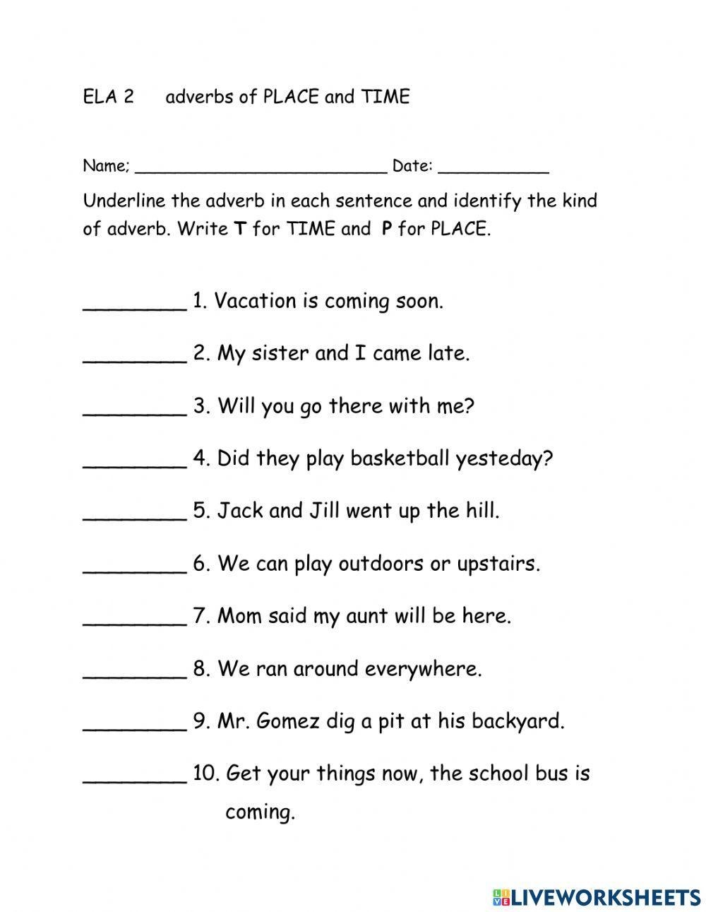Adverb Of Place And Time Worksheet Live Worksheets Worksheets Library