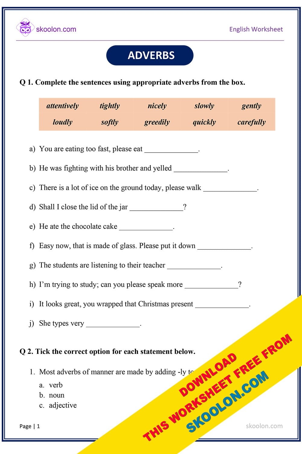 Adverbs Worksheet With Answers Skoolon Worksheets Library