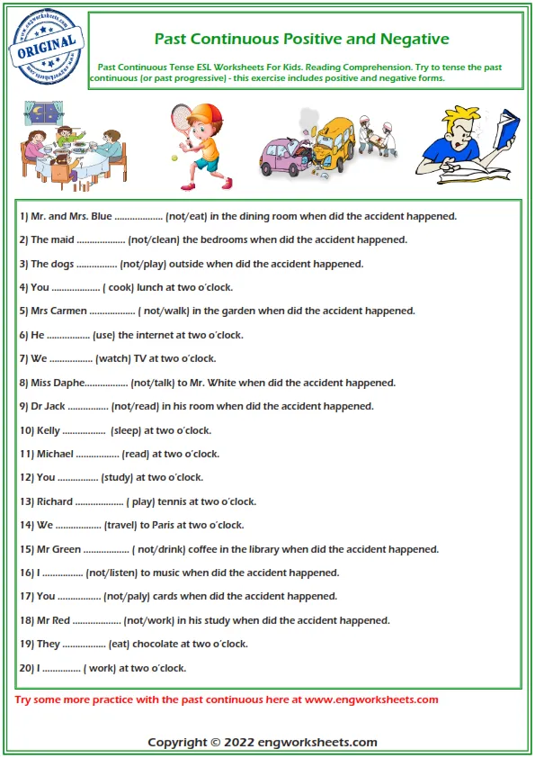 An English Worksheet With The Words Past Continuous And Negative