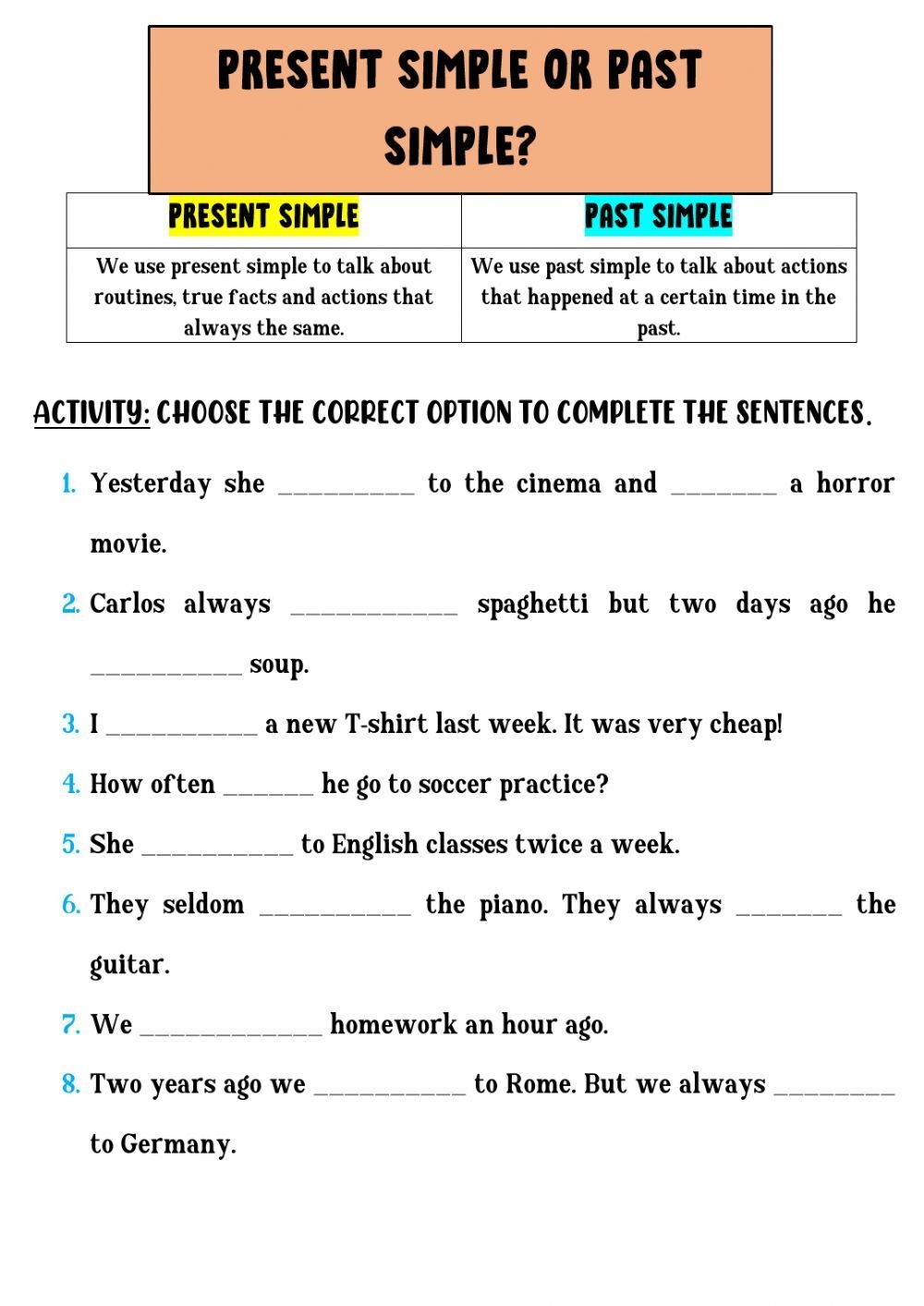 An English Worksheet With The Words Present Simple Or Past