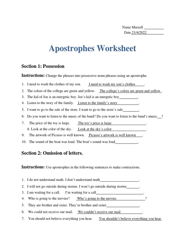 Apostrophe Worksheet PDF Cognitive Science Syntax Worksheets