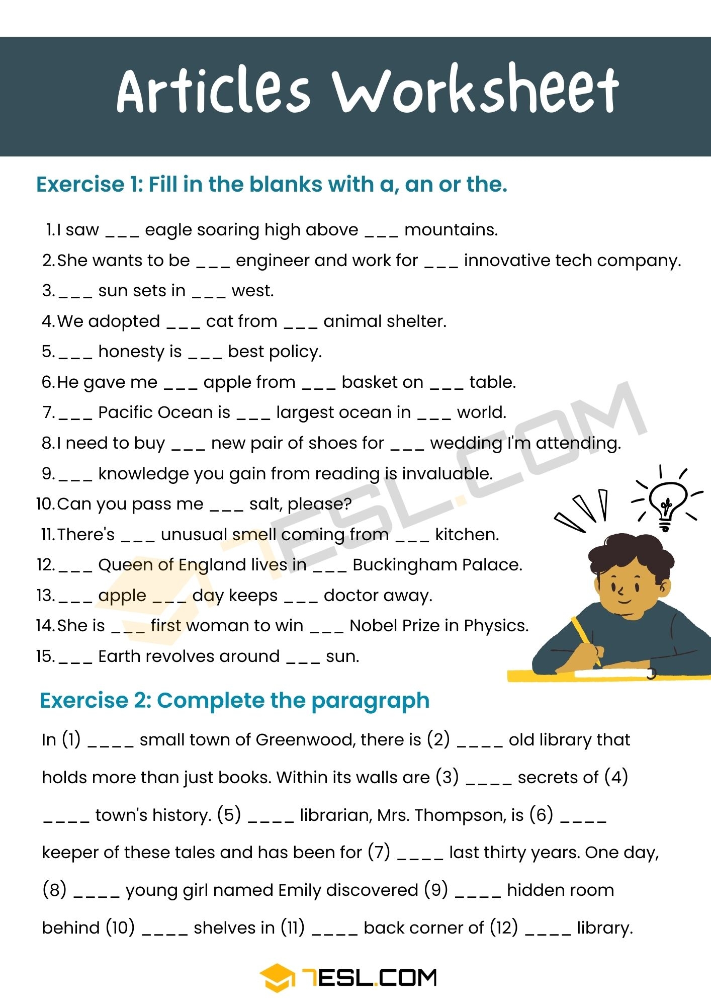Articles Worksheet Articles Exercises 7ESL