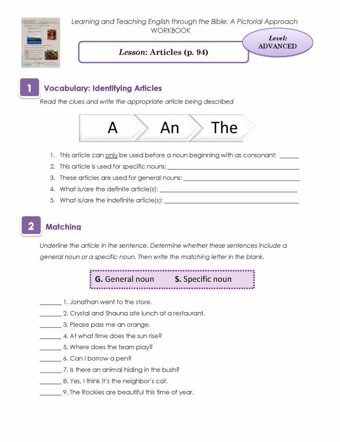 Articles Worksheet CELA