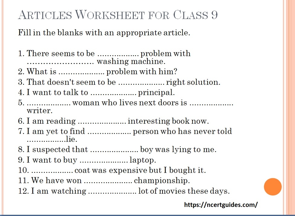 Articles Worksheet For Class 9 NCERT Guides Com
