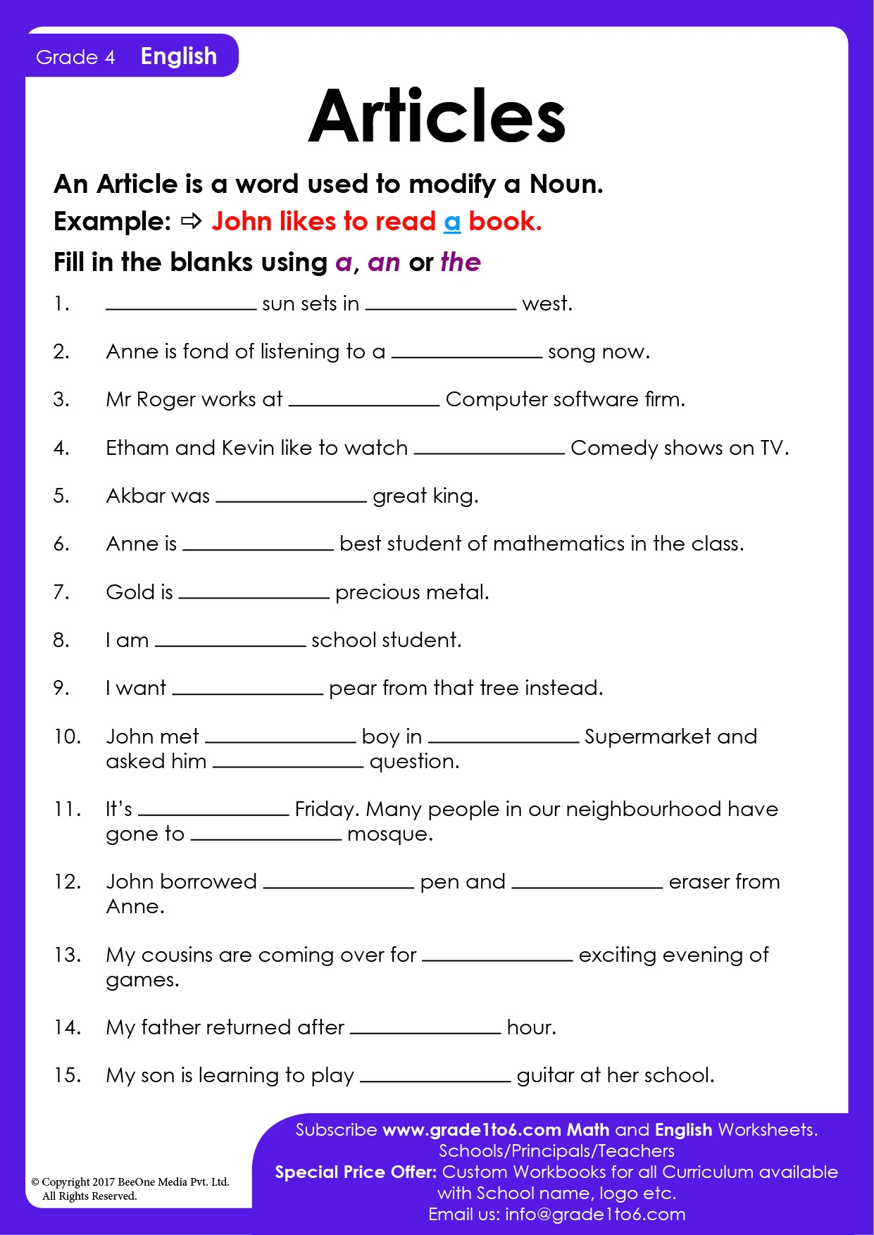 Articles Worksheet For Grade 4 With Answers Pdf Pdf Infoupdate