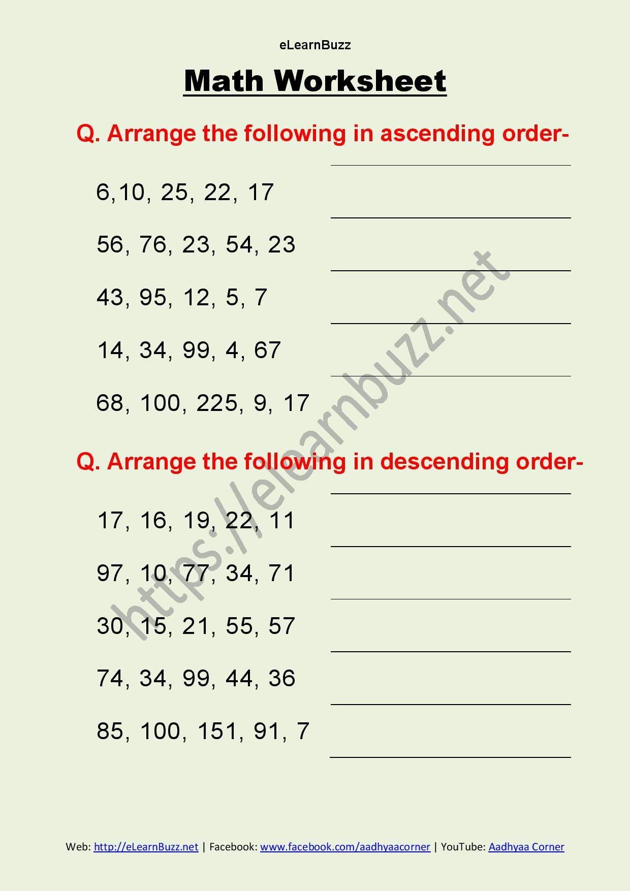 Ascending Descending Order Worksheet For Class 1 Ascending Descending 