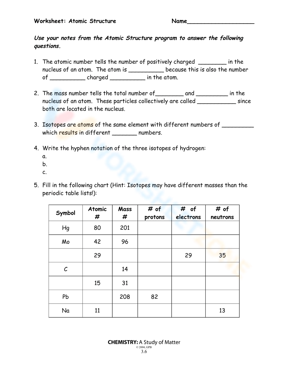 Atomic Structure Worksheet Collection For Teaching Learning