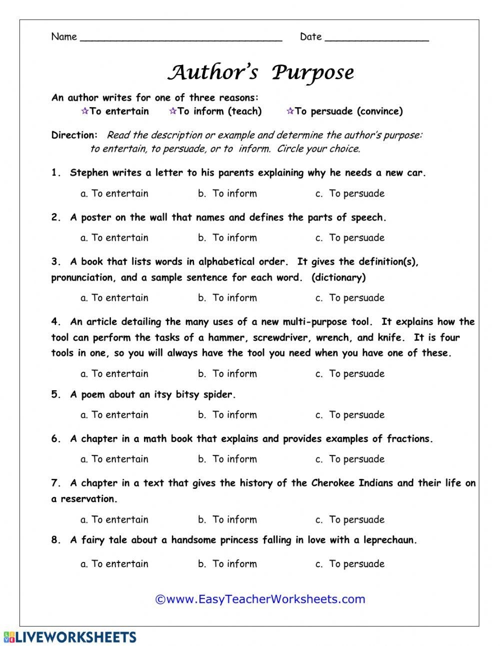 Authors Purpose Worksheet By Handmade In Third Grade Worksheets Library 