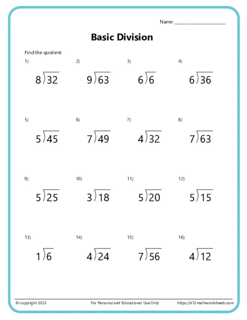 Division Math Worksheets - Download Free Printable Templates