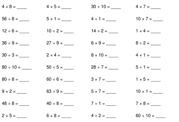 Basic Math Facts Worksheet Multiplication And Division Free 