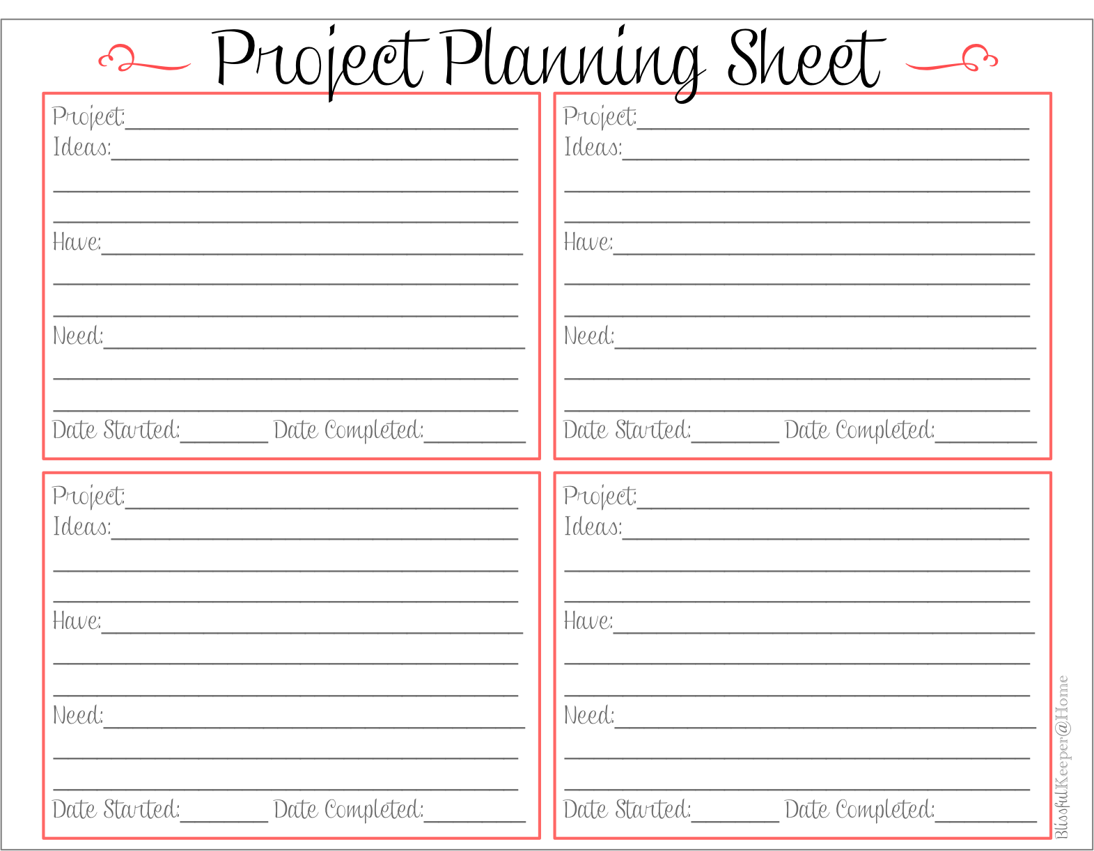 Blissful Keeper At Home Project Planning Sheet