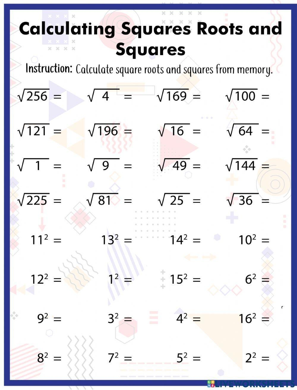 Calculating Squares Roots And Squares Kellyfrindell Worksheets