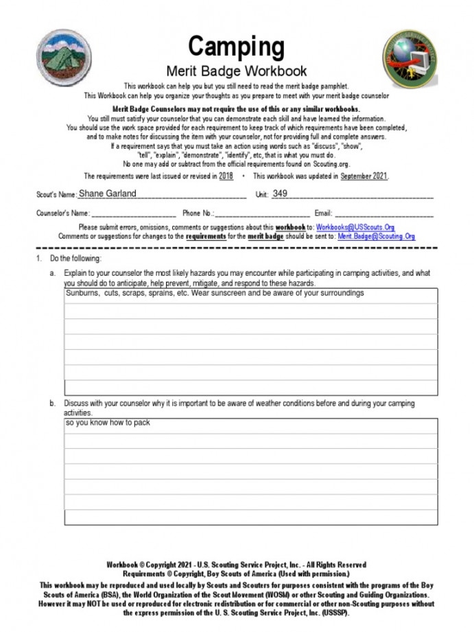 Camping Merit Badge Worksheet Printable PDF Template