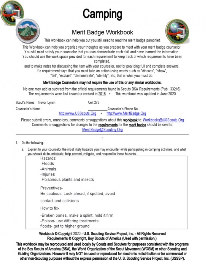 Camping Merit Badge Worksheet Printable PDF Template