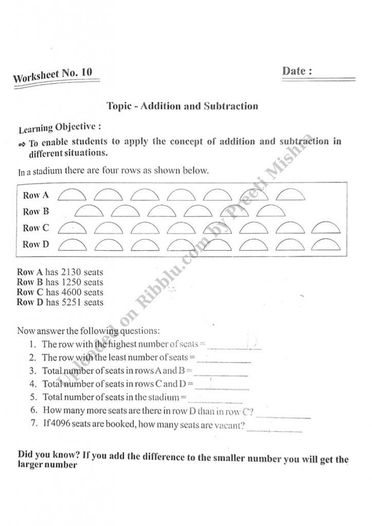 CBSE Class 3 Maths Worksheets For Addition And Subtraction