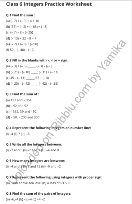 CBSE Class 6 Maths Integers Worksheets