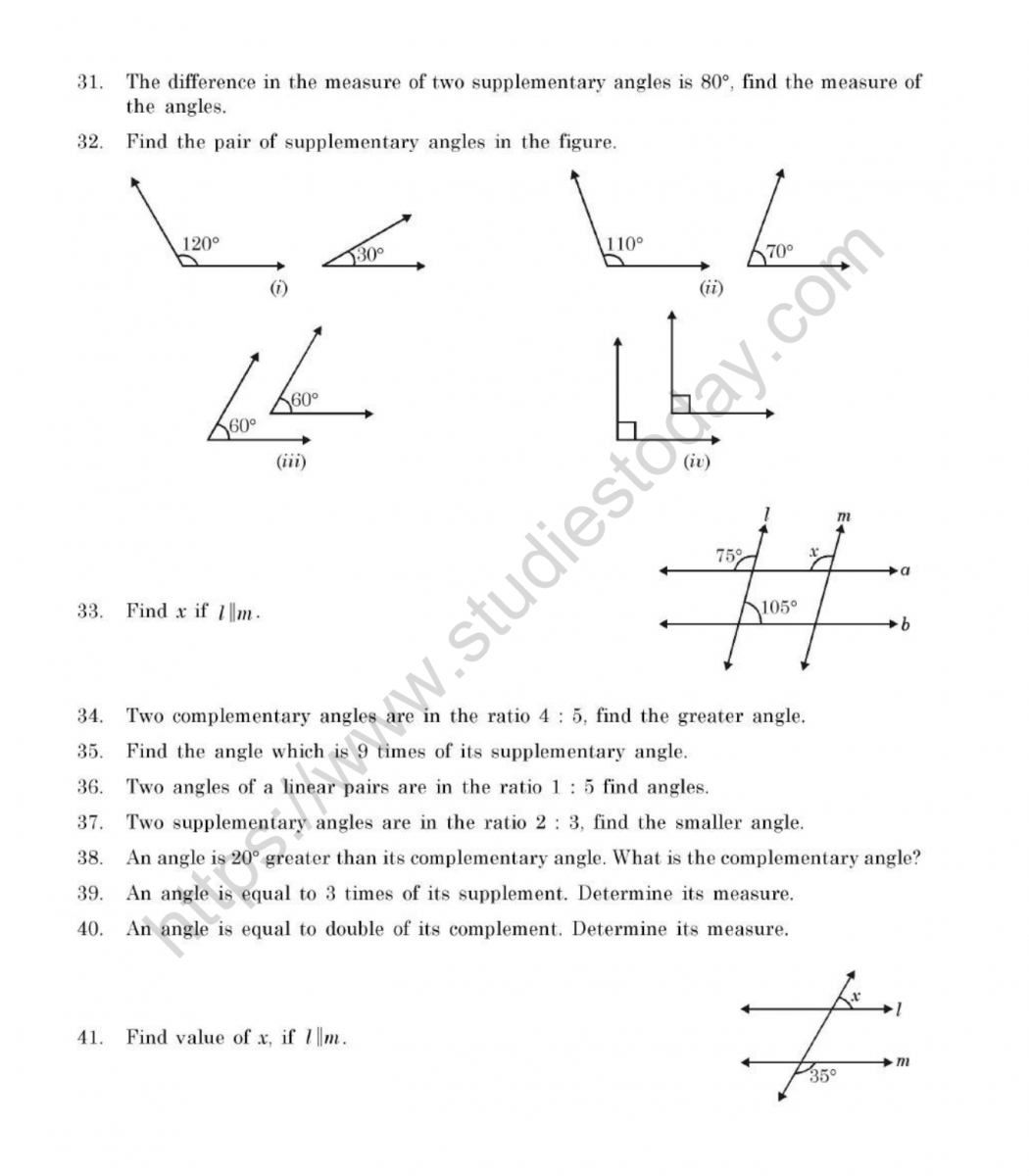 CBSE Class 7 Mental Maths Lines And Angles Worksheet Angleworksheets